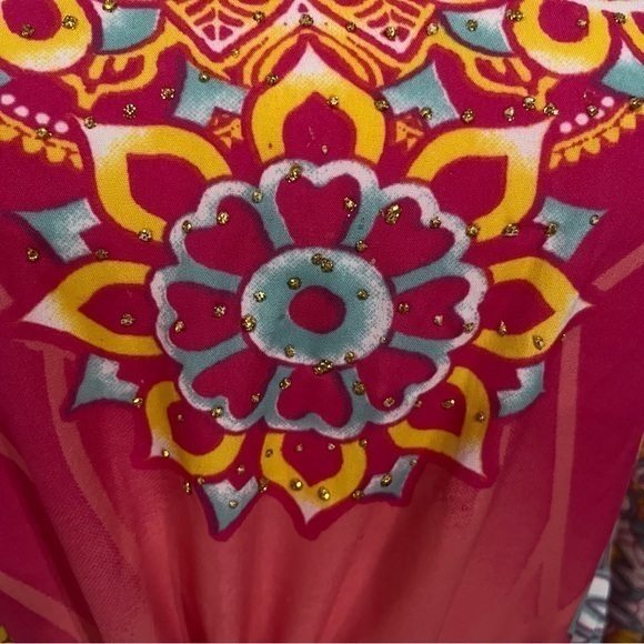 California Vibrant Pink Kaftan Tunic Gold Bling Colorful Waist Tie Women OneSize - Picture 9 of 12